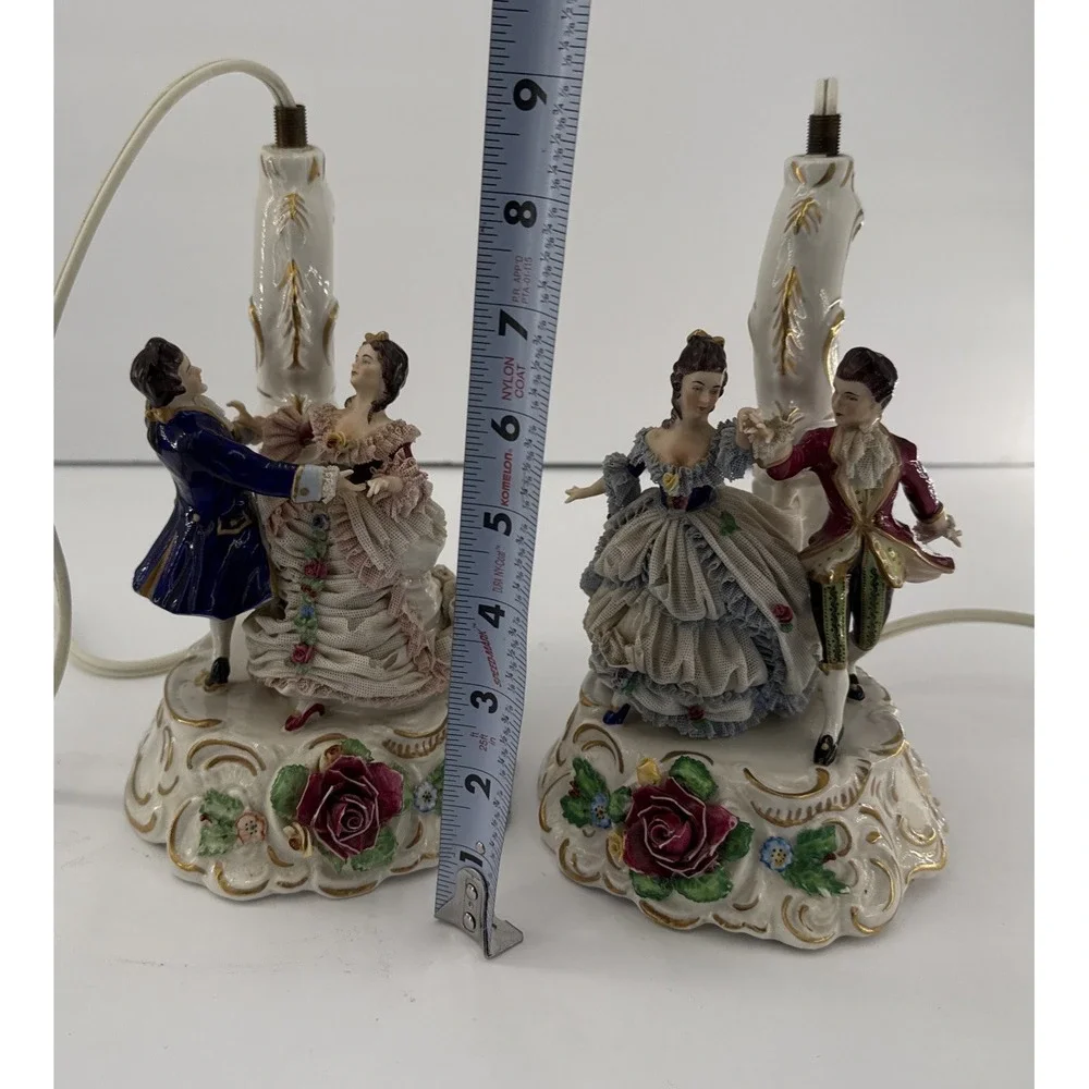 Pair VTG Unterweissbach Germany Porcelain Lace Courting Couple Lamps AS IS